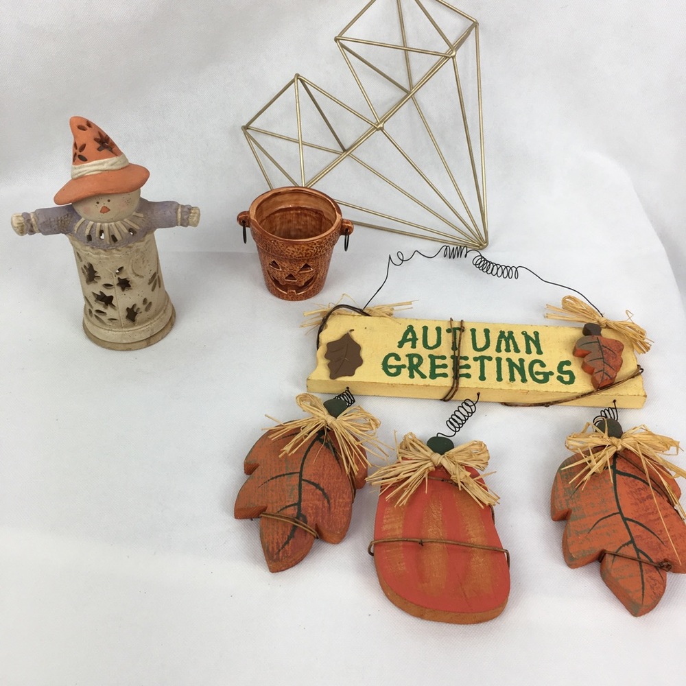 Scarecrow & Jack O'Lantern Candle Holder with Hanging Fall Sign Bundle